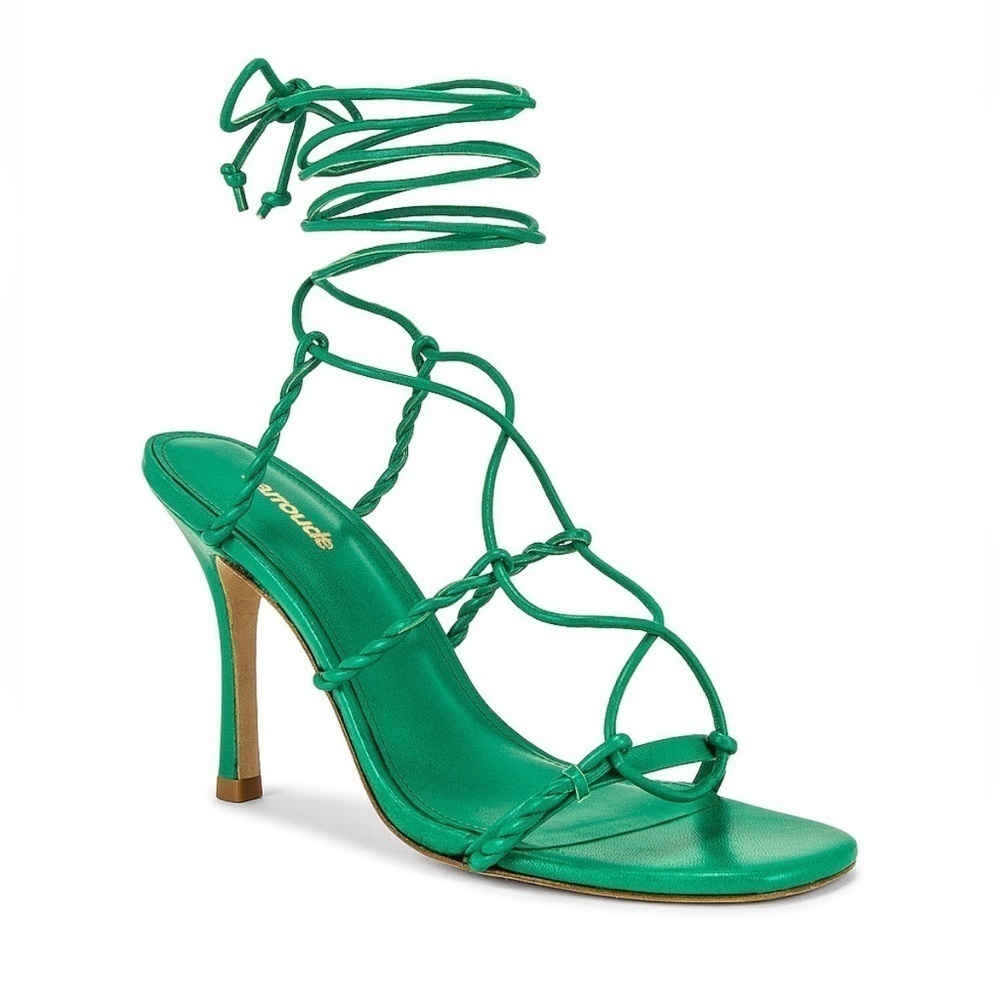 NEW Larroude Kiki Ankle Wrap Stiletto Heels Sandals in Napa Green Leather, Sz 8